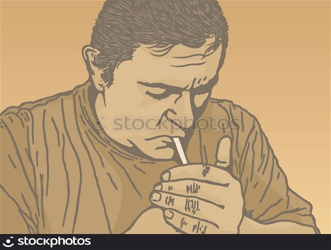 Sketch of man lighting a cigarette on beige background