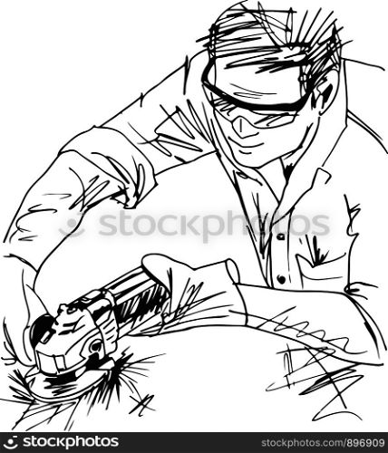 Sketch of man with circular saw vector illustration