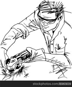 Sketch of man with circular saw vector illustration