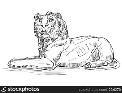 Sketch of marble lying lion statue profile view. Vector hand drawing illustration in black color isolated on white background. Graphic Element for design. stock illustration