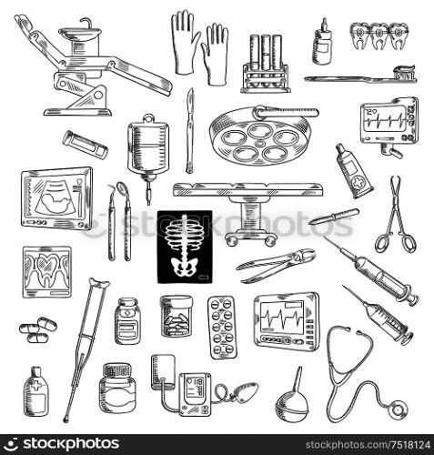 Sketch of medicine or healthcare icons for hospital or clinic equipment. Syringe and stethoscope, medical scissors and pliers, pipette or dropper and ointment, radiograph and cardiogram, sphygmomanometer and crutch, ultrasound and toothbrush.. Sketch of medicine icons for hospital
