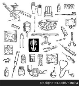 Sketch of medicine or healthcare icons for hospital or clinic equipment. Syringe and stethoscope, medical scissors and pliers, pipette or dropper and ointment, radiograph and cardiogram, sphygmomanometer and crutch, ultrasound and toothbrush.. Sketch of medicine icons for hospital