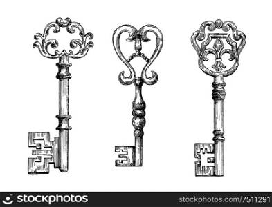 Sketch of medieval skeleton keys, adorned by victorian fleur-de-lis forged ornaments on bows. May be used as tattoo, t-shirt print or embellishment design. Sketch of medieval skeleton keys