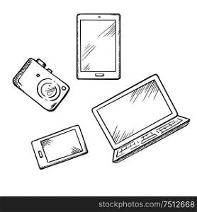 Sketch of modern smartphone, tablet pc, laptop and digital photo camera, for electronic devices theme design. Smartphone, tablet pc, laptop and camera
