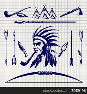 Sketch of native american indian. Sketch of native american indian arrows bow and pike on the notebook page. Vector illustration