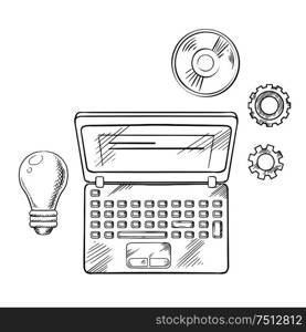 Sketch of open laptop computer with idea light bulb, gear wheels and cd, for e-learning technology concept.