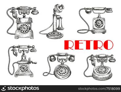 Sketch of retro or vintage telephones with rotary dial and old candlestick, earphone and switchhook. Obsolete and classic technology for communication and talking connected by wire via landline. Sketch of retro telephones with rotary dials