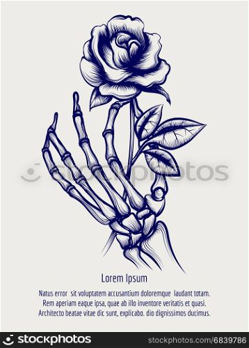 Sketch of skeleton hand with rose. Hand drawn sketch of skeleton hand with rose flower. Vector illustration