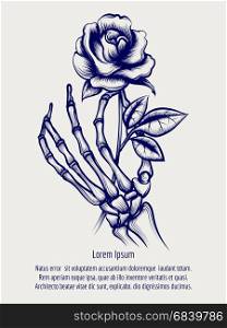 Sketch of skeleton hand with rose. Hand drawn sketch of skeleton hand with rose flower. Vector illustration