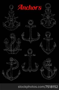 Sketch of stockless, admiralty or fisherman anchors with twined rope and steering ship s or boat s wheel. Can be used as naval or nautical symbol, maritime mascot marine sport design. Sketch of admiralty anchors with rope and wheel