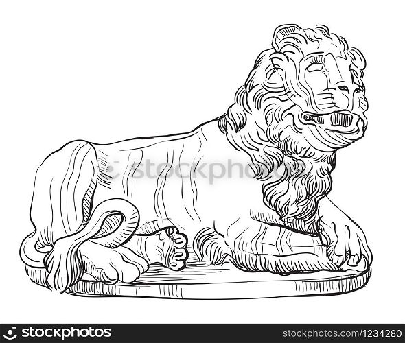 Sketch of stone lying lion statue profile view. Vector hand drawing illustration in black color isolated on white background. Graphic Element for design. stock illustration