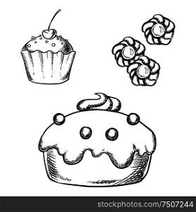 Sketch of sweet cake with glaze and cream decorations, cupcake with sprinkles and cherry on the top, sugar cookies with jam. For confectionery or pastry shop design . Cake, cupcake and cookies sketches