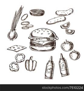 Sketch of tasty burger with tomato, pepper, onion, beef patty, cucumber, mustard, ketchup and cheese ingredients. Sketch of tasty burger with many ingredients