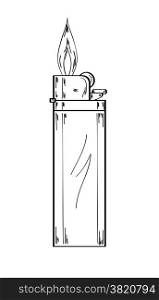 sketch of the gas lighter with flame on white background, vector, isolated. lighter with flame, sketch