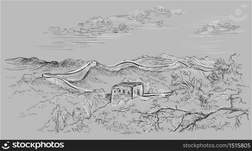 Sketch of the Great Wall of China, landmark of China. Vector hand drawing illustration in black and white colors isolated on gray background.