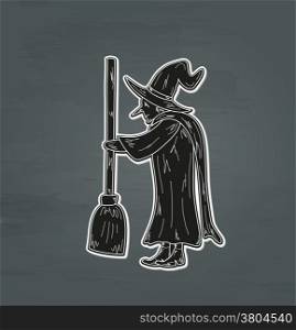 sketch of the old ugly witch with broom, vector. old witch
