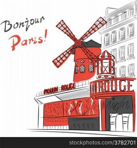 sketch of urban landscape with cabaret Moulin Rouge in Paris