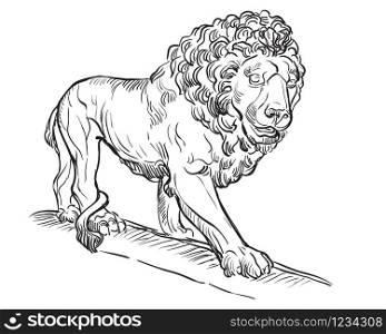 Sketch of walking marble lion statue profile view. Vector hand drawing illustration in black color isolated on white background. Graphic Element for design. stock illustration