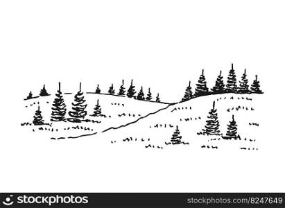 Sketch of wild nature with forest. Hand drawn illustration converted to vector.
