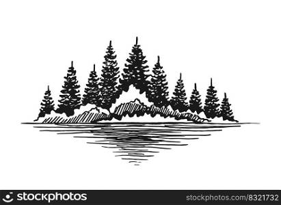 Sketch of wild nature with forest. Hand drawn illustration converted to vector.