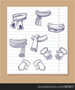 Sketch of winter mittens and scarves. Sketch of winter accessorises on line page. Vector hand drawn mittens and scarves