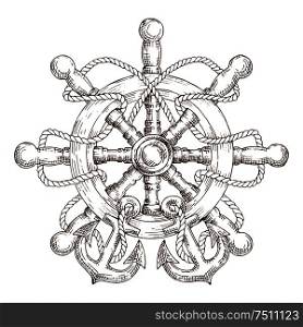 Sketch of wooden nautical helm entwined by rope with anchors. Use as navy emblem,travel or marine design. Sketch of nautical helm with rope and anchors