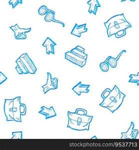 Sketch or doodle styled seamless pattern with business theme, briefcase, thumbs up, glasses, graphs and arrows