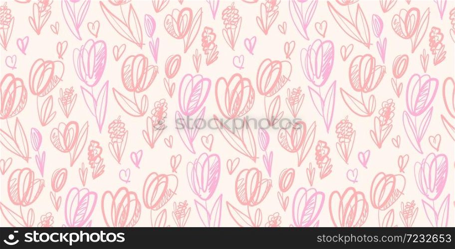 Sketch pale color spring tulip seamless pattern for background, fabric, textile, wrap, surface, web and print design. Elegant minimal tender colors floral rapport.