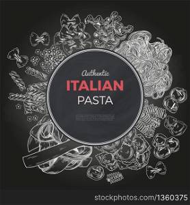 Sketch pasta banner, vector hand drawn illustration. Chalkboard background. Round banner, poster, menu template