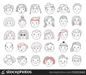 Sketch people avatars. Female and male portraits, human faces, men and women user profile doodle icons vector set. Male and female profile, sketch user person illustration. Sketch people avatars. Female and male portraits, human faces, men and women user profile doodle icons vector set