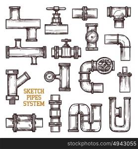 Sketch Pipes System. Sketch different parts of pipes system isolated on white background doodle vector illustration