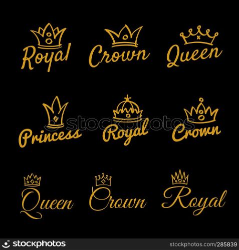 Sketch queen crowns and hand drawn princess diadem vector beauty and fashion shopping logo set. Princess and crown, king and queen fashionable. Vector illustration. Sketch queen crowns and hand drawn princess diadem vector beauty and fashion shopping logo set