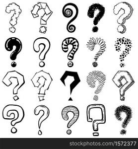 Sketch question mark. Hand drawn black interrogation marks, ask exam and faq symbols. Interrogative signs, doodle questions vector icons with stripes, dots of different shape on white. Sketch question mark. Hand drawn black interrogation marks, ask exam and faq symbols. Interrogative signs, doodle questions vector icons