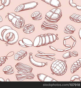 Sketch sausages pattern. Sausages pattern. Vintage sketch sausage and meatloaf, sliced pork and bacon butcher seamless background