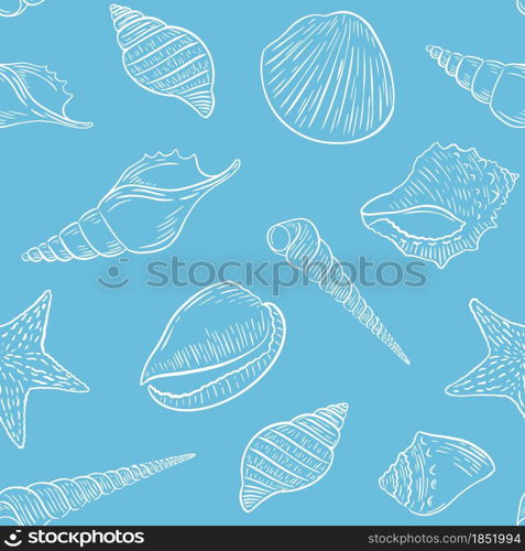 Sketch seashells seamless pattern vector illustration. Marine background with underwater inhabitants. Outline shellfish, gentle pastel background. Template for wallpaper and fabric.. Sketch seashells seamless pattern vector illustration.