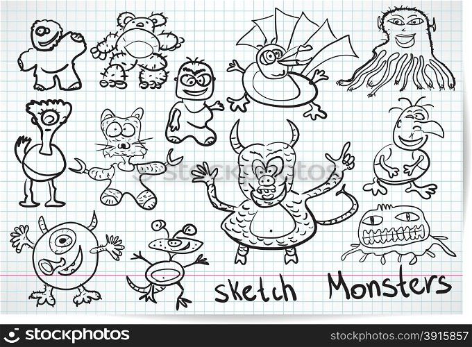 Sketch set of cartoon funny monsters