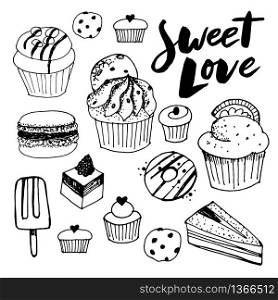 Sketch set of dessert. Pastry sweets collection isolated on white background. Hand drawn vector illustration. Retro. Sketch set of dessert. Pastry sweets collection isolated on white background. Hand drawn vector illustration. Retro style.