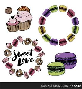 Sketch set of dessert. Pastry sweets collection isolated on white background. Hand drawn vector illustration. Retro. Sketch set of dessert. Pastry sweets collection Hand drawn vector illustration. Retro style.