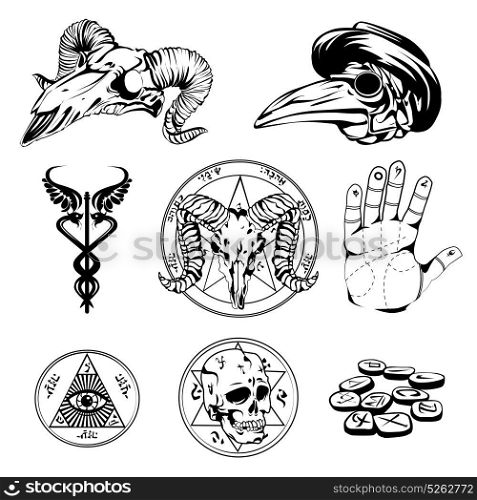 Sketch Set Of Esoteric Symbols And Occult Attributes. Set of esoteric symbols and occult attributes in sketch design with human goat and crow skulls all seeing eye and palm flat vector illustration