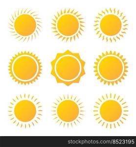 Sketch set yellow sun on white backdrop. Abstract light. Summer objects. Vector illustration. Sketch set yellow sun on white backdrop. Abstract light. Summer objects. Vector illustration.