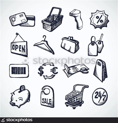 Sketch shopping icons set with plastic card money bags and tags isolated vector illustration