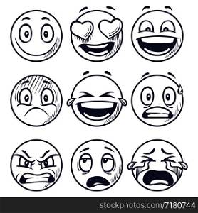 Sketch smiles. Doodle smiley in different emotions. Hand drawn smiling faces, emoticons vector set. Face doodle emotion, smiley emoji sketch. Sketch smiles. Doodle smiley in different emotions. Hand drawn smiling faces, emoticons vector set