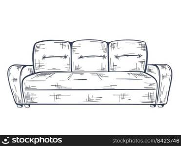 Sketch sofa isolated on white background. Hand engraved homemade upholstered furniture couch. Leisure room furniture clipart vector illustration. Sketch sofa isolated on white background