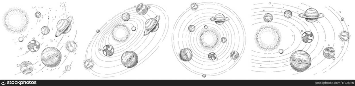 Sketch solar system. Hand drawn planets orbits, planetary and earth orbit vector illustration set. Astronomy themed coloring book drawings pack. Celestial bodies orbiting around sun in center. Sketch solar system. Hand drawn planets orbits, planetary and earth orbit vector illustration set. Astronomy themed coloring book drawings pack. Celestial bodies spinning around sun in center