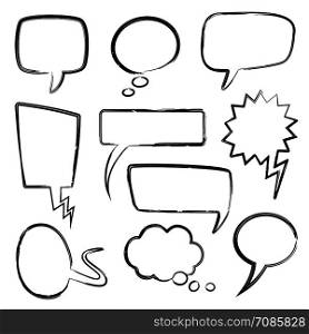 Sketch speech bubbles. Doodle message bubble elements, thinking balloons with scribble pencil texture. Isolated comic retro empty bubbly talk cartoon vector set. Sketch speech bubbles. Doodle message bubble elements, thinking balloons with scribble pencil texture. Isolated cartoon vector set