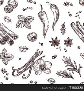 Sketch spices seamless pattern. Cooking herbs and asian vegetables. Hand drawn vector texture. Aroma condiment, herbal spicy for cooking illustration. Sketch spices seamless pattern. Cooking herbs and asian vegetables. Hand drawn vector texture