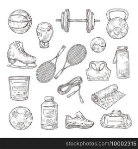 Sketch sports equipment. Ball, dumbbell and tennis rackets, boxing glove and jump rope, sports nutrition. Doodle fitness vector set. Illustration football and tennis, equipment sketch for sport. Sketch sports equipment. Ball, dumbbell and tennis rackets, boxing glove and jump rope, sports nutrition. Doodle fitness vector set