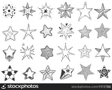 Sketch stars. Doodle star shape, cute hand drawn starburst and rating stars. Shiny ink stars sketch, drawing starry doodle reward sticker. Isolated vector icons set. Sketch stars. Doodle star shape, cute hand drawn starburst and rating stars vector set