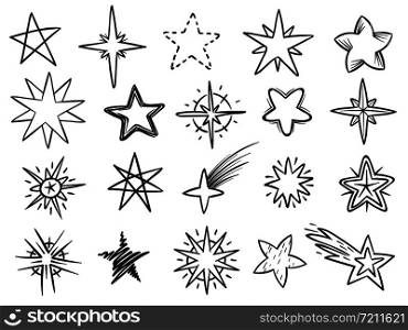 Sketch stars. Grunge star shapes, black hand drawn vector elements for christmas decoration, night sky and starry sketched astrology concept. Sketch stars. Grunge star shapes, black hand drawn vector elements for christmas decoration