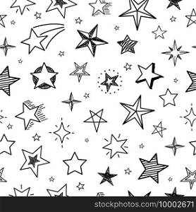 Sketch stars seamless pattern. Hand drawn grunge starry sky. Doodle textile print vector geometric texture. Texture sketchy scribble stars pattern illustration. Sketch stars seamless pattern. Hand drawn grunge starry sky. Doodle textile print vector geometric texture